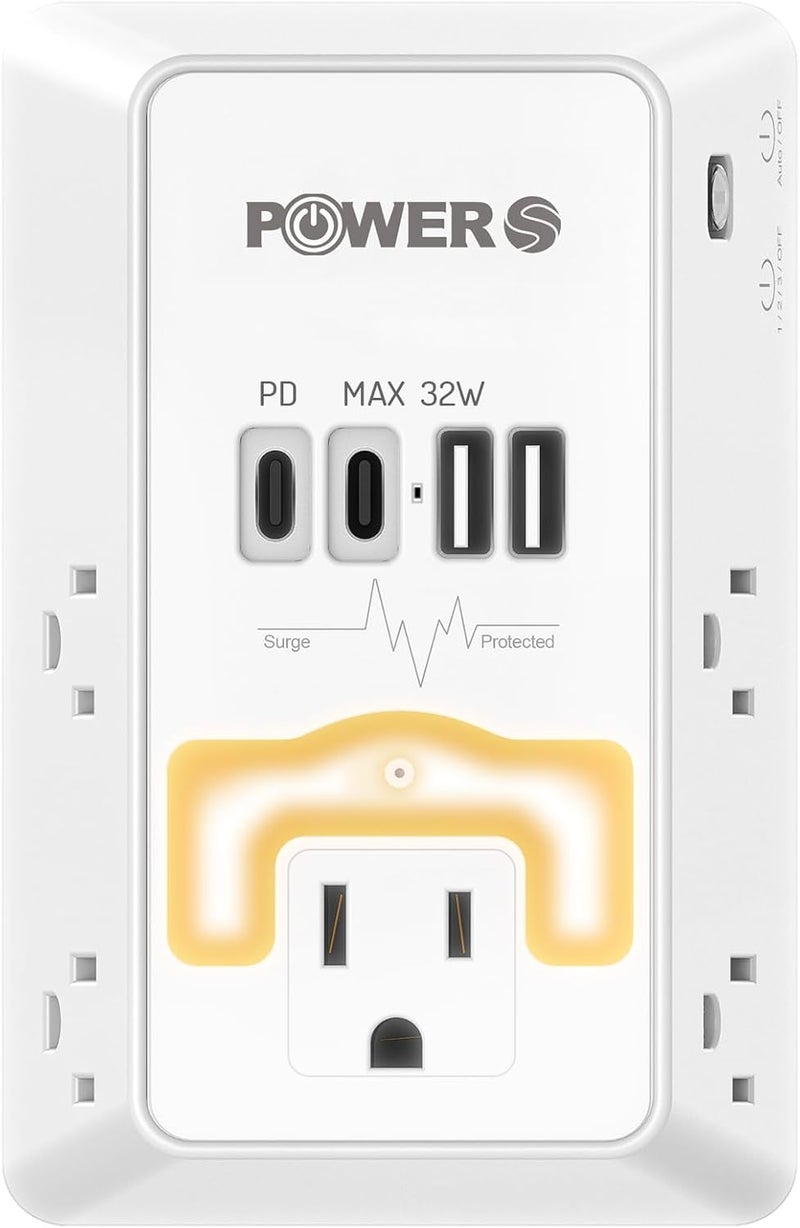 POWERS 20W PD Fast Charging Wall Outlet with USB Ports (2C2A), Electrical Outlet Extender with Night Light, Surge Protector, Wall Plug Adapter for Multiple Devices, Wall Socket Expander - Image 1